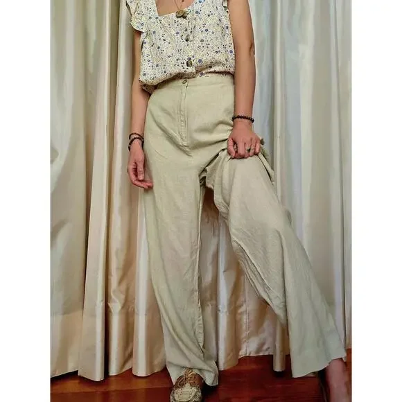 Vintage Linen Blend High Waist Pants: Women's Beige Trousers XL - Picture 5 of 9